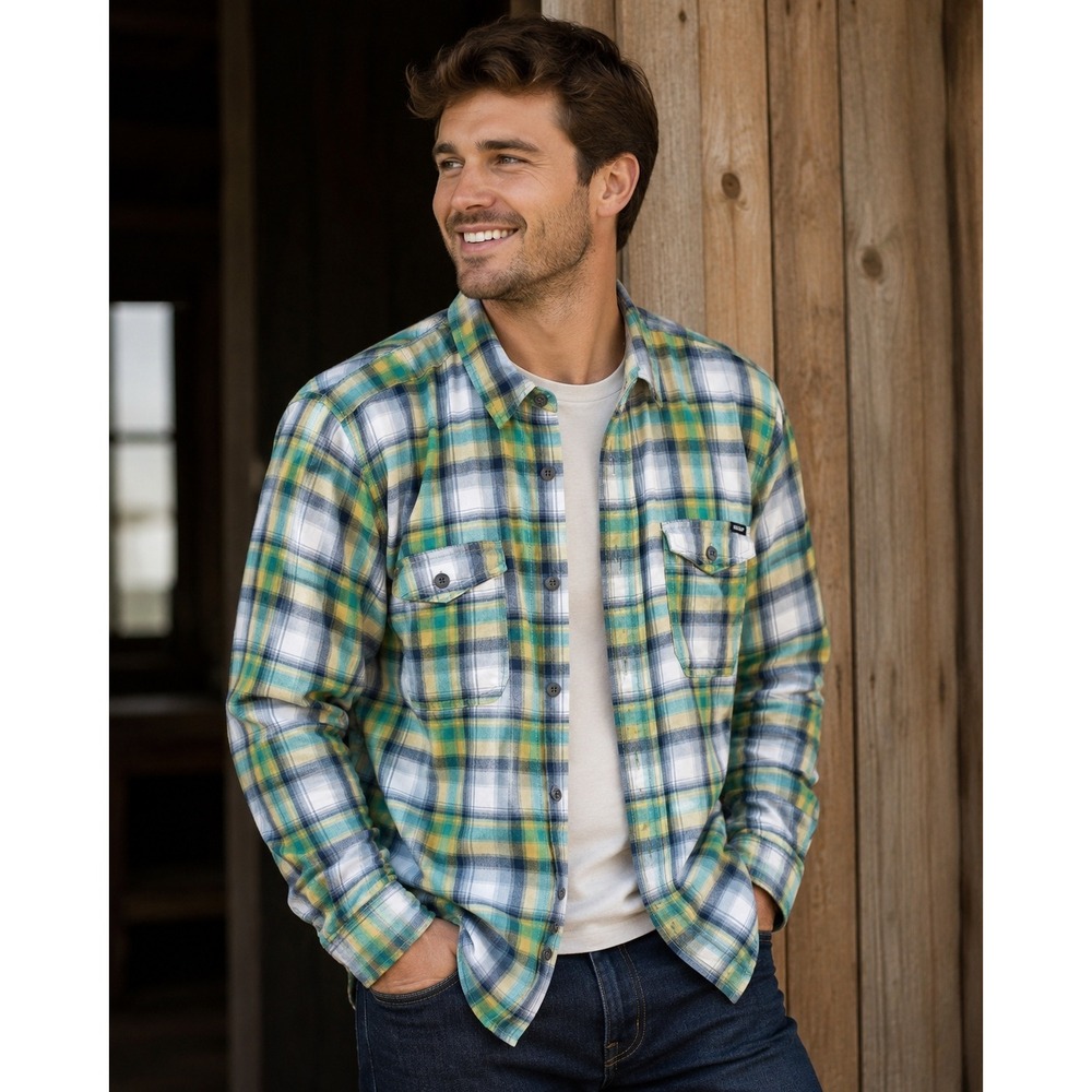 Volcom Workwear Plaid Flannel Button Down Shirt Green Yellow White Mens Medium